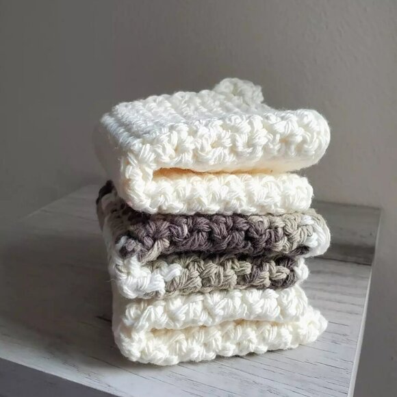 3 Crochet DISHCLOTH WASHCLOTH 100% Cotton Handmade Brown Variegated Off White - Picture 2 of 8